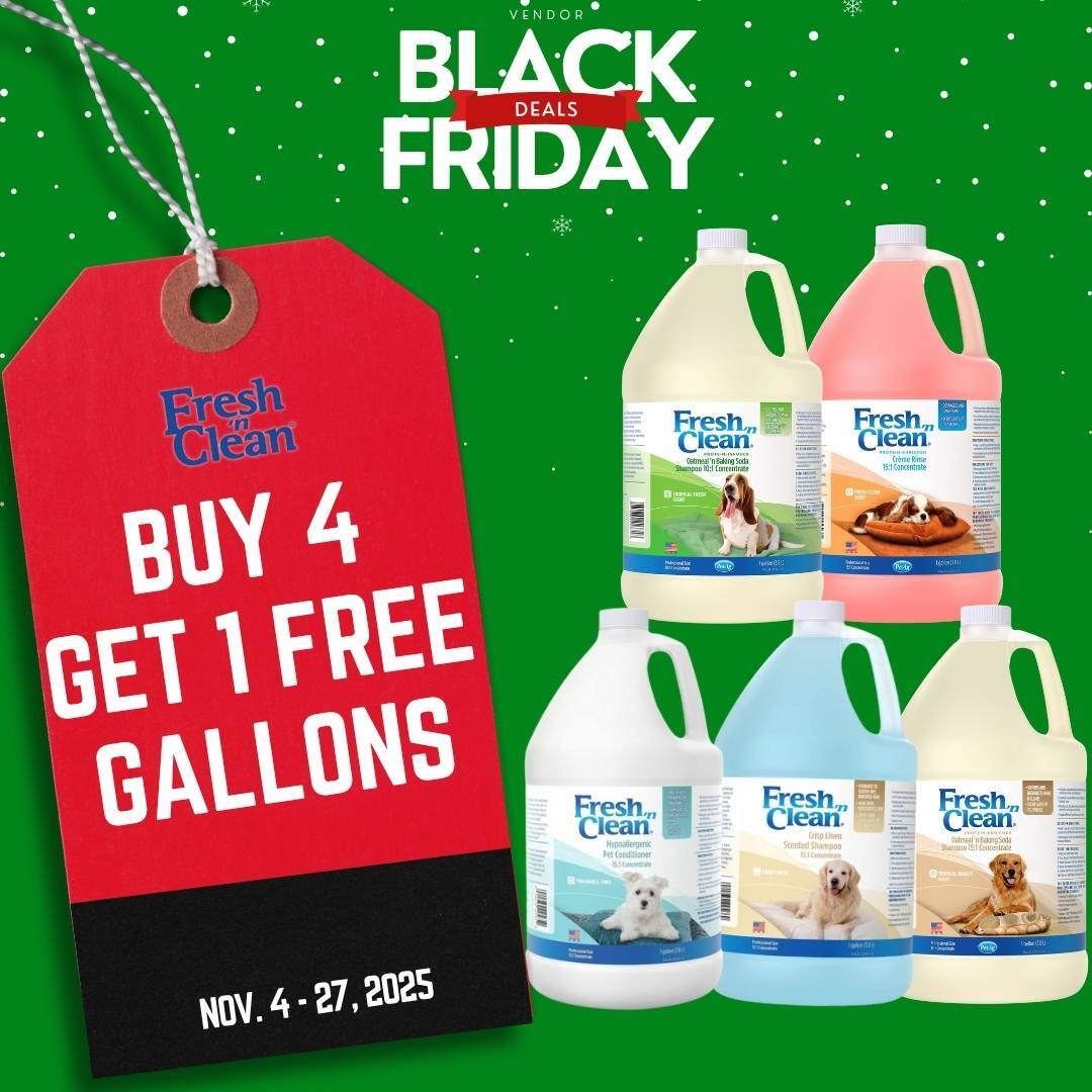 Fresh ’n Clean Black Friday promotion graphic showing five gallons on a green background with a red sale tag that reads: ‘Fresh 'n Clean: Buy 4 Get 1 Free Gallons, Nov. 4–27, 2025.’
