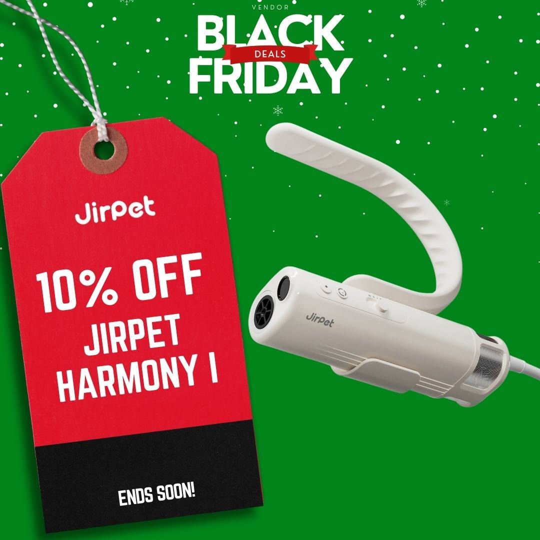 JirPet Black Friday promotion graphic showing the JirPet Harmony I Pet Neck Dryer on a green background with a red sale tag that reads: ‘JirPet: 10% off JirPet Harmony I. Ends soon!’