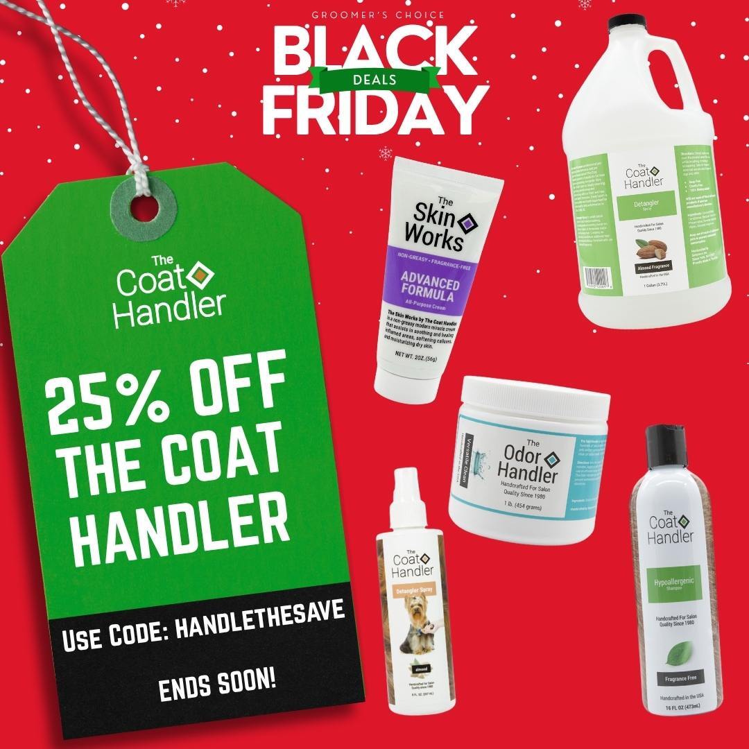 The Coat Handler Black Friday promotion graphic showing a variety of The Coat Handler products on a red background with a green sale tag that reads: ‘25% off The Coat Handler. Use code: HANDLETHESAVE. Ends soon!’