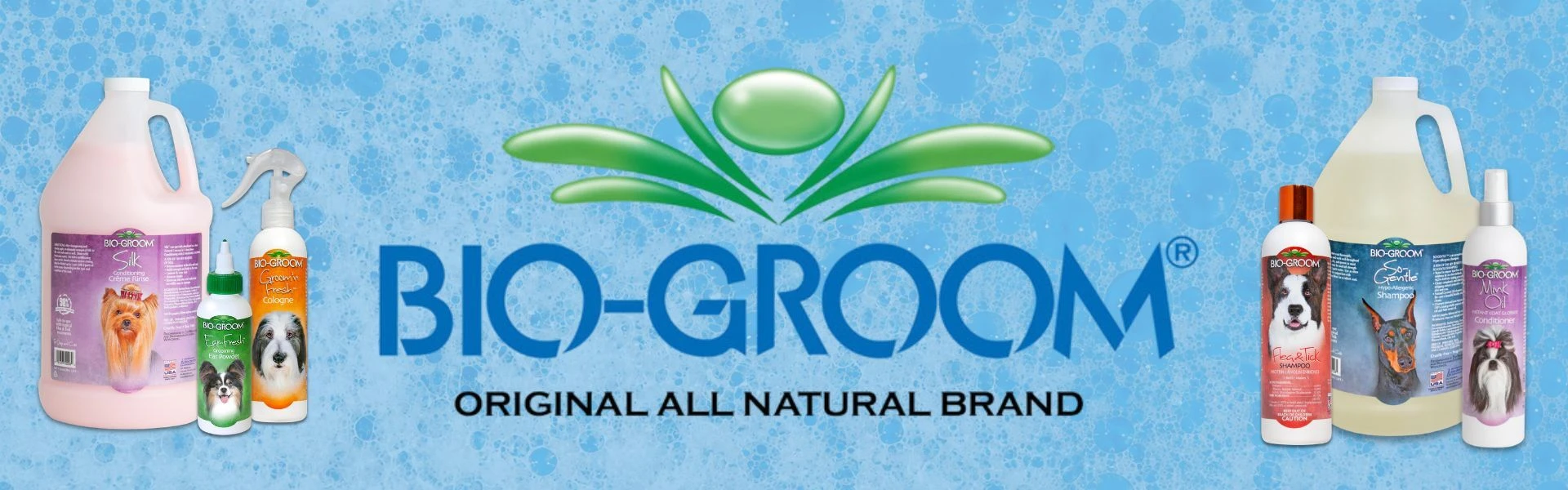 Bio-Groom logo with an assortment of dog grooming shampoos, conditioners and sprays displayed on both sides.