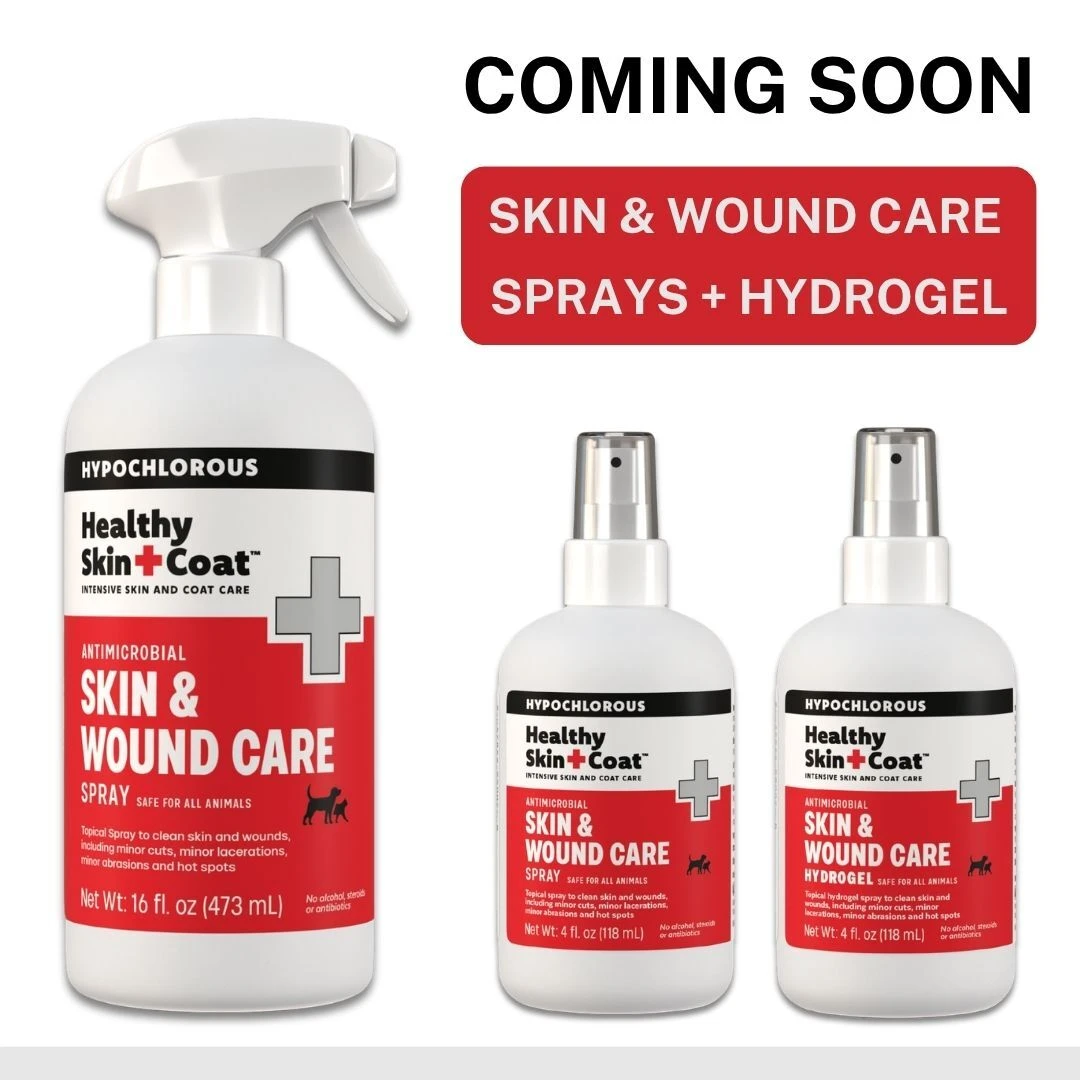 Graphic showing Healthy Skin + Coat Skin & Wound Care Sprays and Hydrogel with text: 'Coming Soon'