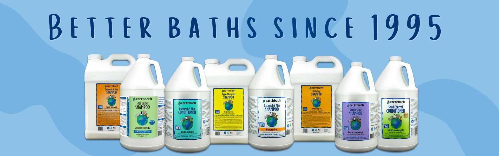 earthbath® brand banner featuring a variety of shampoos and conditioners with text reading 'Better Baths Since 1995'