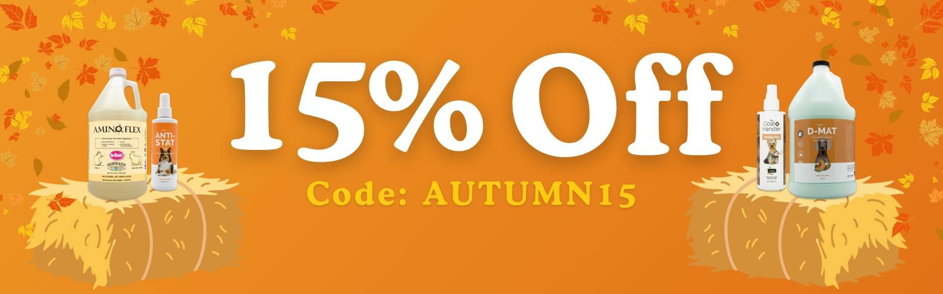Orange sale banner with falling autumn leaves and grooming products on hay bales. Text reads '15% Off. Code: AUTUMN15'