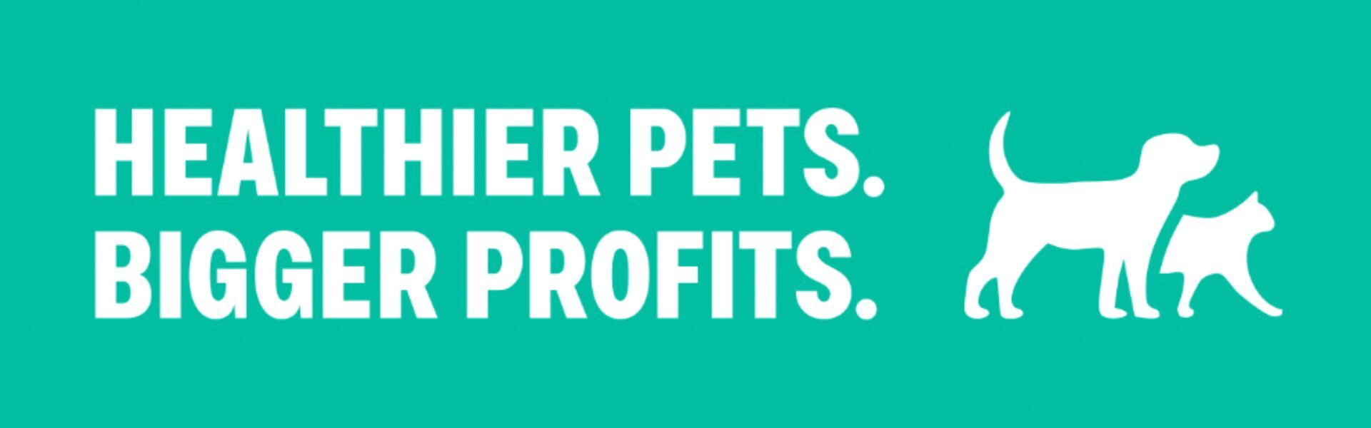 Healthy Skin + Coat brand banner with text: 'Healthier Pets. Bigger Profits.' with icons of a dog and cat