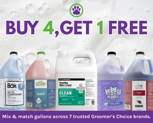 Image promoting a Buy 4, Get 1 Free gallon deal. Text reads, "Buy 4, Get 1 Free." Five Groomer's Choice gallon jugs are displayed with the message, "Mix & match gallons across 7 trusted Groomer's Choice brands."