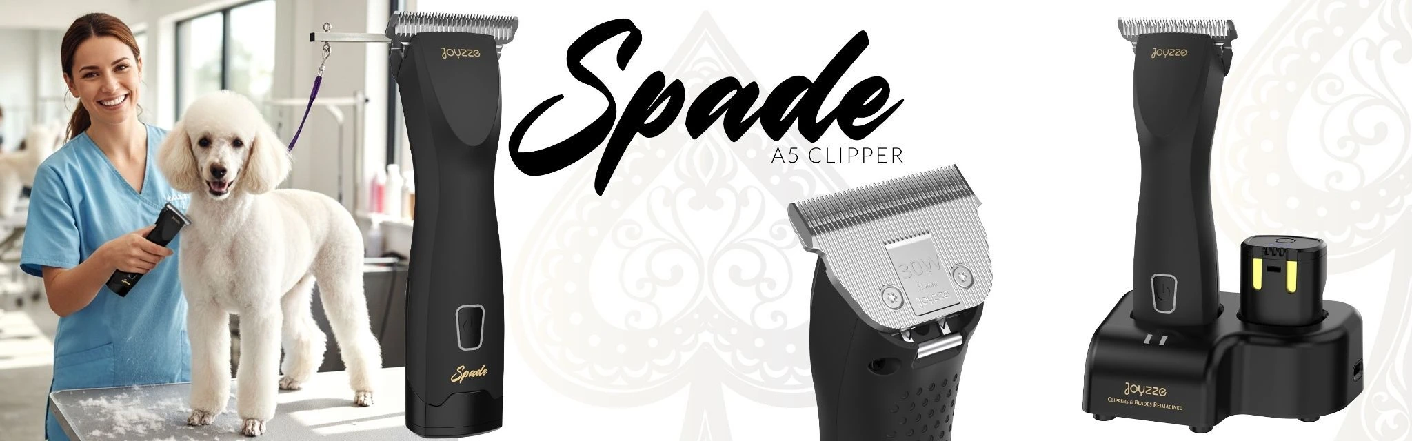 Banner showing Joyzze Spade Programmable Dual Battery Clipper with groomer trimming a poodle, clipper close-up and charging base