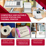 Vonlyst 3 1/8 x 230 ft thermal receipt paper for Clover Station P100, P500, P550. BPA-free, lint-free 12-roll pack ensuring clean, clear, high-resolution POS printing.