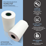 Vonlyst BPA-free thermal paper rolls with heat-sensitive coating for clear black text printing, designed for long-lasting image life.