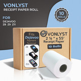 Vonlyst thermal paper rolls arranged in front of Dejavoo payment terminals, highlighting high-quality, eco-friendly POS receipt paper.