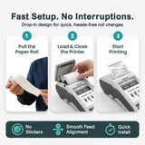 Valor Paytech credit card terminal printing a clear, smudge-free receipt using lint-free thermal paper roll with red end-of-roll stripe.