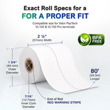 Close-up of the 7/16" core of the 2 ¼" x 80' thermal paper roll designed for Valor Paytech VL100, emphasizing easy-load compatibility.