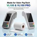 Valor Paytech VL100 credit card machine printing a crisp, smudge-free receipt using high-quality thermal paper roll with red end-of-roll warning stripe