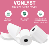 Side-by-side comparison of Clover Compact thermal paper rolls showing bright white, lint-free surface and precise 2 1/4-inch width for consistent POS printing quality Side-by-side comparison of Clover Compact thermal paper rolls showing bright white, lint-free surface and precise 2 1/4-inch width for consistent POS printing quality