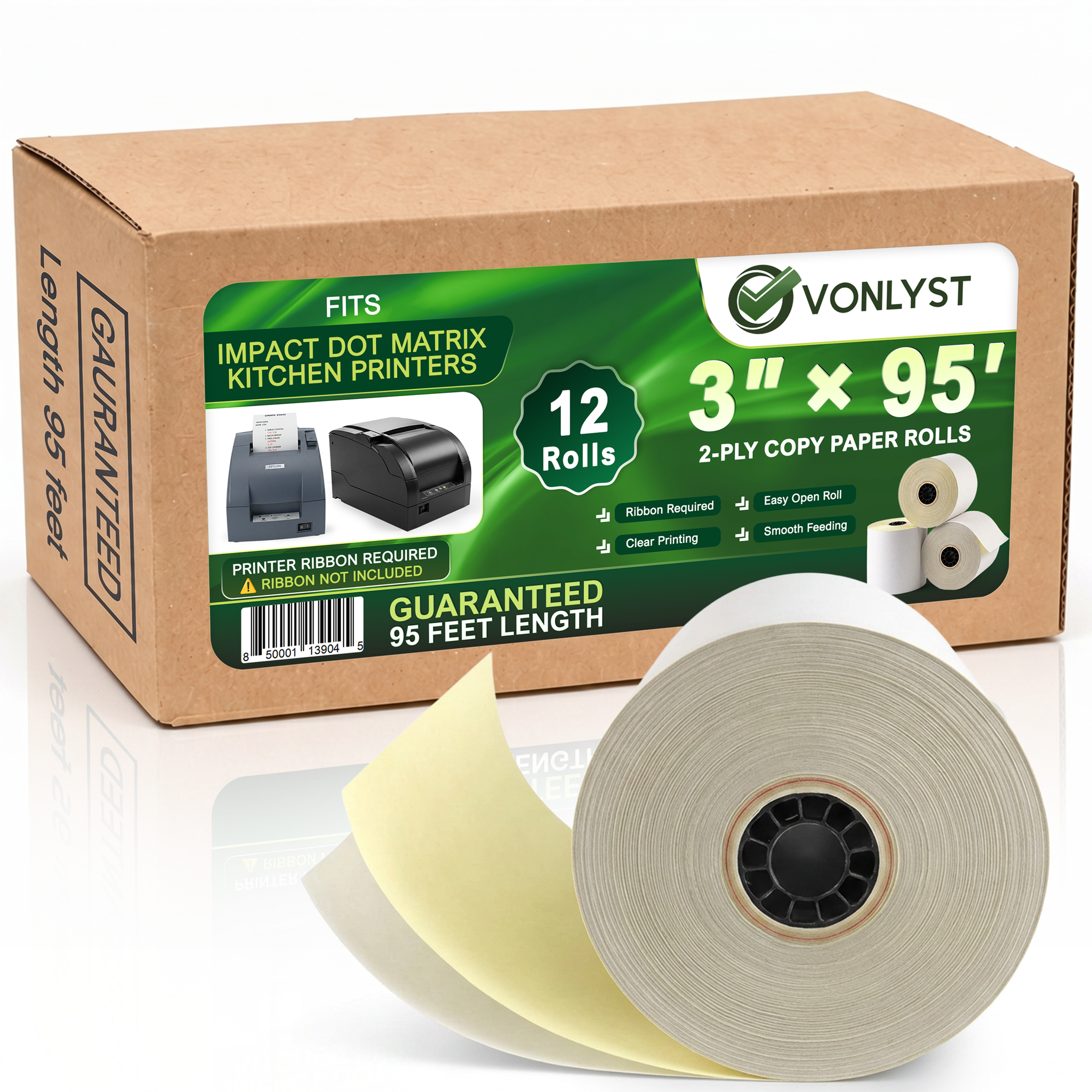 Vonlyst Two Ply Copy Carbonless Rolls 3x95 White/Canary for Clover Kitchen Printer Paper