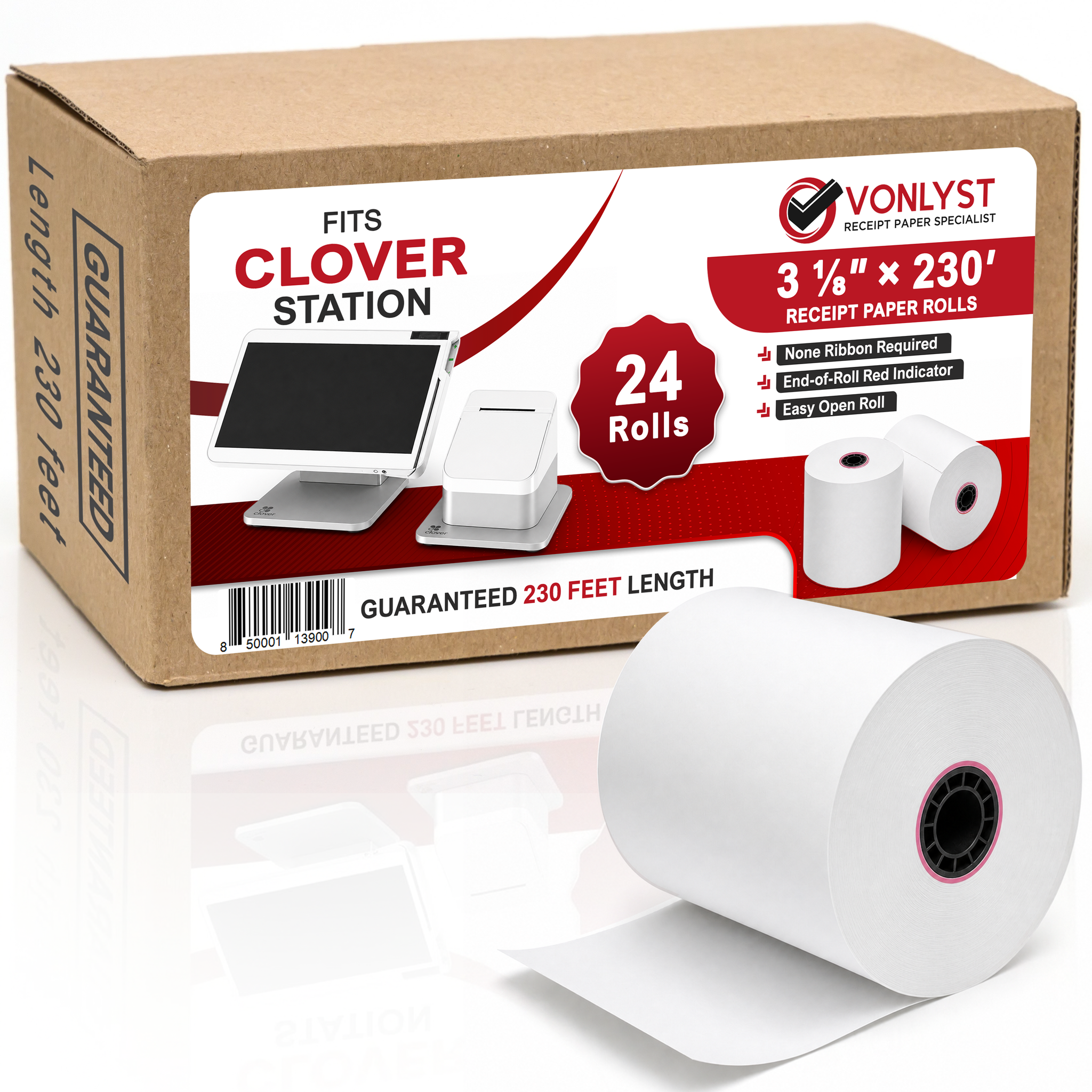 Clover Station Thermal Receipt Paper Roll 3 1/8" x 230' - Box with 24