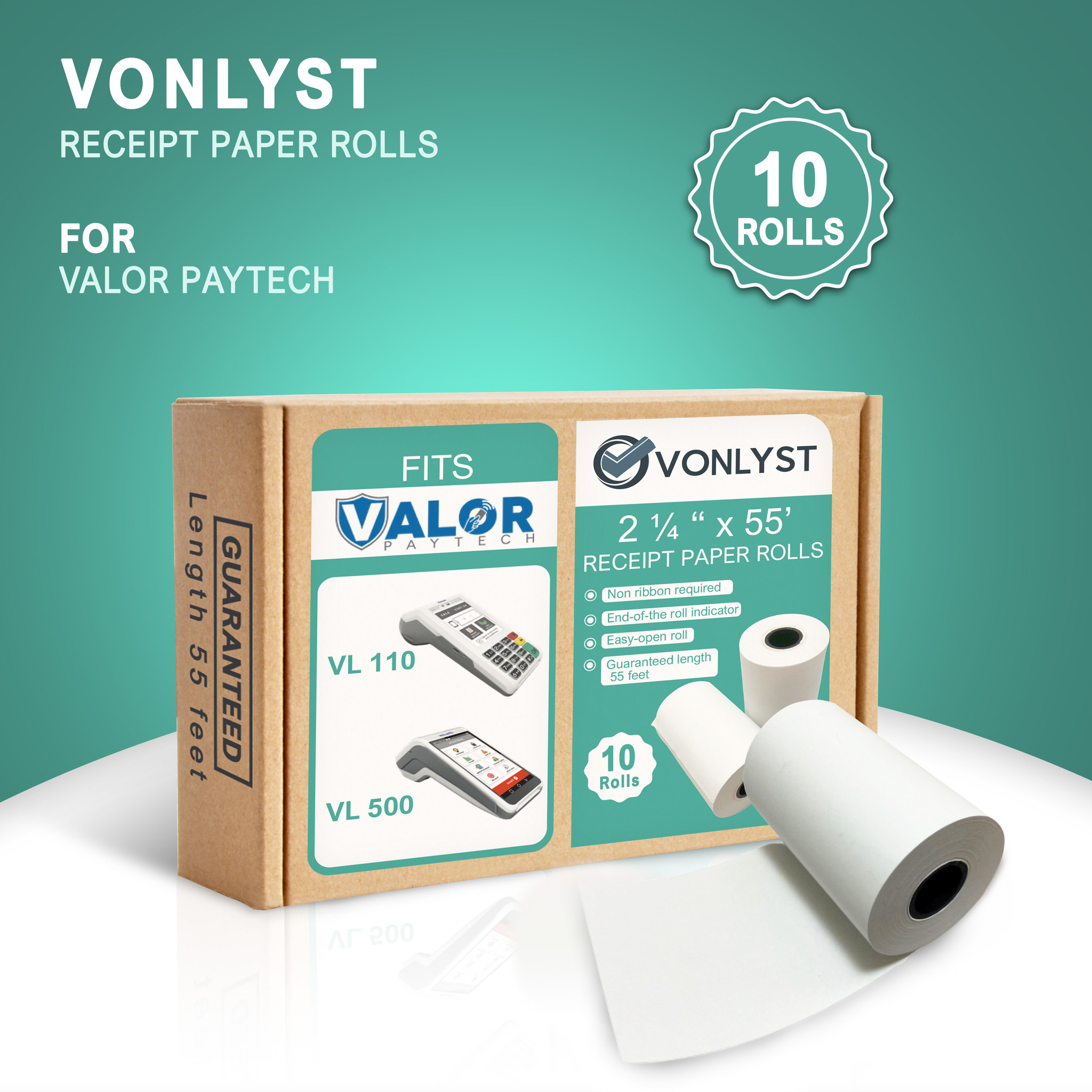 Receipt Paper Roll for Valor Paytech VL110 and VL500 (10 rolls)