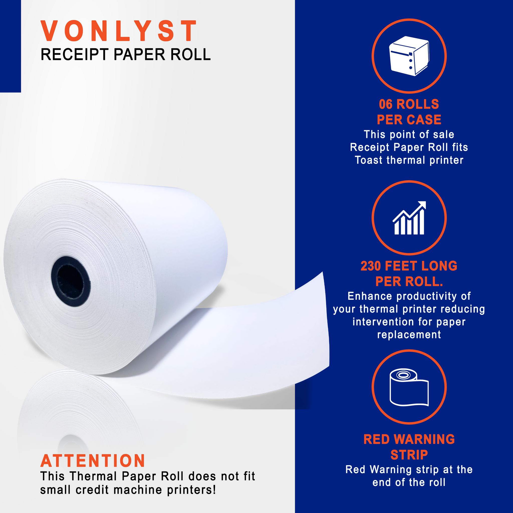 Vonlyst Receipt Paper 3 1/8 x 230 for Epson Thermal Printer 06 Rolls, White