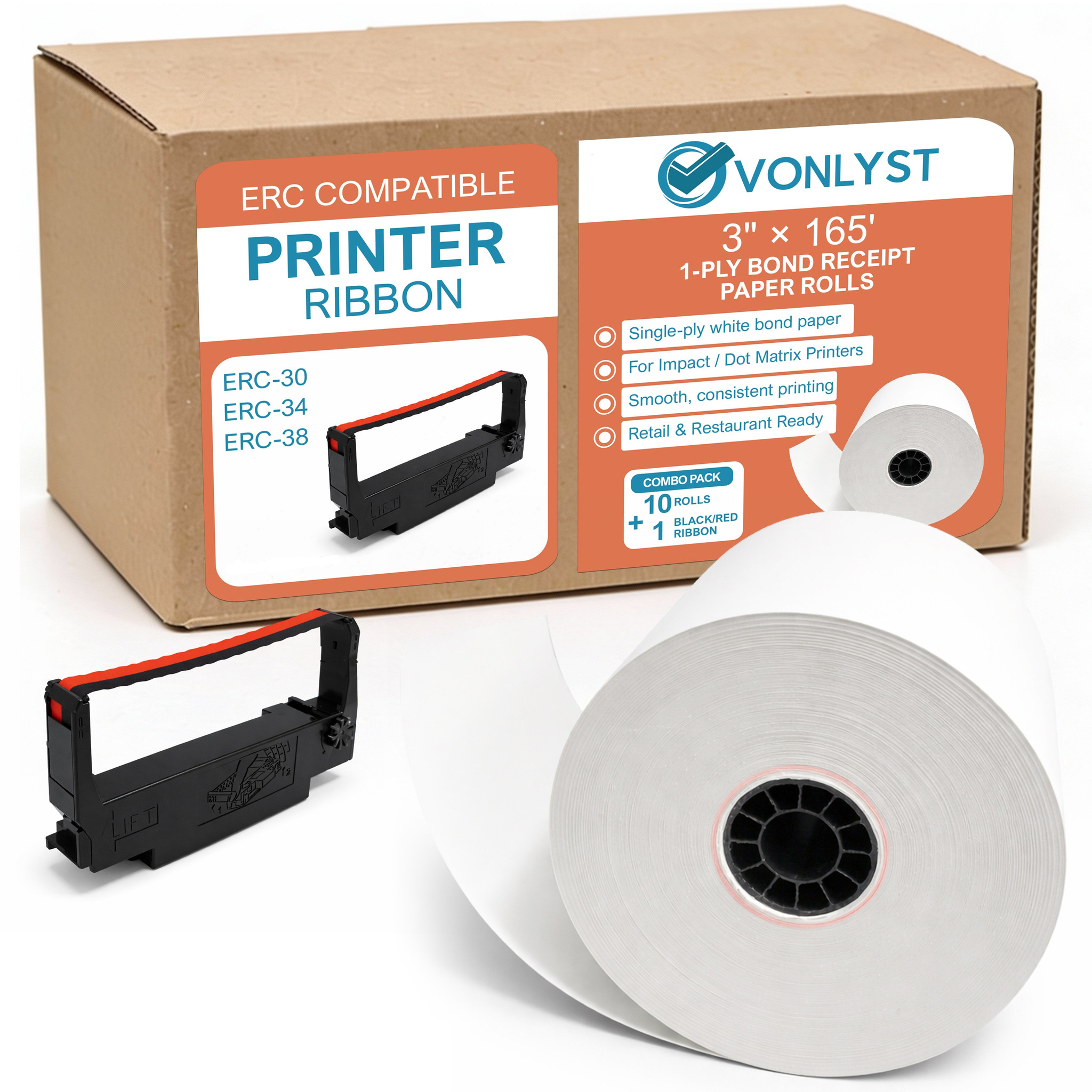 Complete value pack with 10 Single Ply Bond receipt paper rolls (3" x 165') plus genuine Epson ERC-30/34/38 printer ribbon. Ideal for POS, retail & kitchen printers.