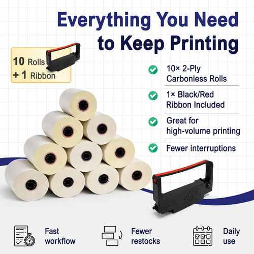Complete value pack with 10 carbonless receipt paper rolls (3" x 95') plus genuine Epson ERC-30/34/38 printer ribbon. Ideal for POS, retail & kitchen printers. image 2