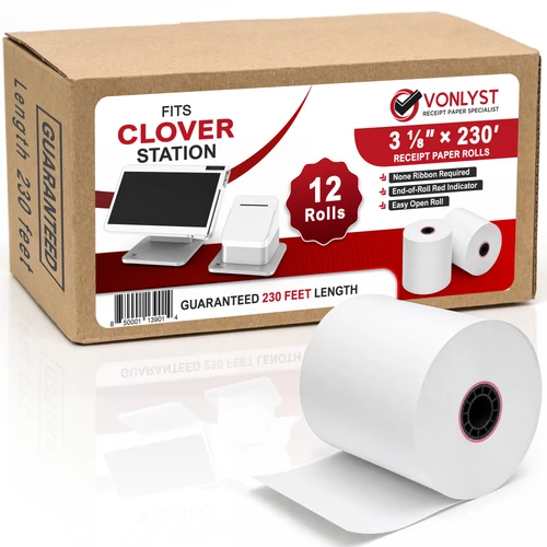 Clover Station Thermal Receipt Paper Roll 3 1/8" x 230' - Box with 12 image 0