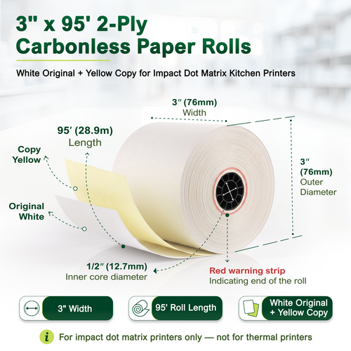 Vonlyst Two Ply Copy Carbonless Rolls 3x95 White/Canary for Clover Kitchen Printer Paper image 2