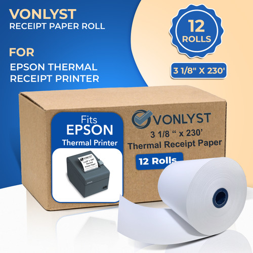 Vonlyst Cash Register Tape Paper Roll for Epson Printer 3 1/8 x 230