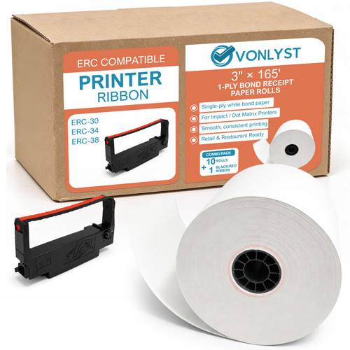Complete value pack with 10 Single Ply Bond receipt paper rolls (3" x 165') plus genuine Epson ERC-30/34/38 printer ribbon. Ideal for POS, retail & kitchen printers. image 0