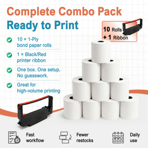 Complete value pack with 10 Single Ply Bond receipt paper rolls (3" x 165') plus genuine Epson ERC-30/34/38 printer ribbon. Ideal for POS, retail & kitchen printers. image 2
