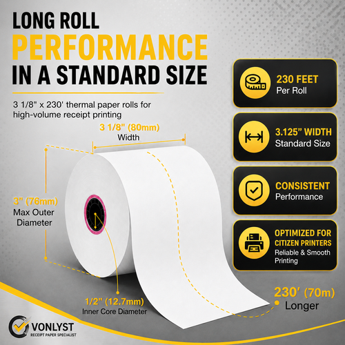 Vonlyst 3-1/8" x 230' Thermal Paper Rolls for Citizen Receipt Printers – 80mm POS Receipt Paper – Fits CT-S300, CT-S310, CT-S601, CT-S651, CT-S651II, CT-E651 & CT-S4000 image 2