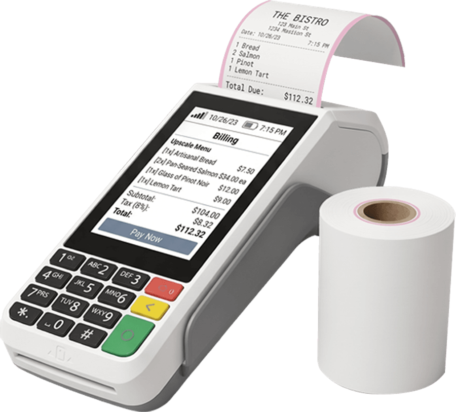 POS payment terminal printing a customer receipt, shown with a Vonlyst thermal paper roll