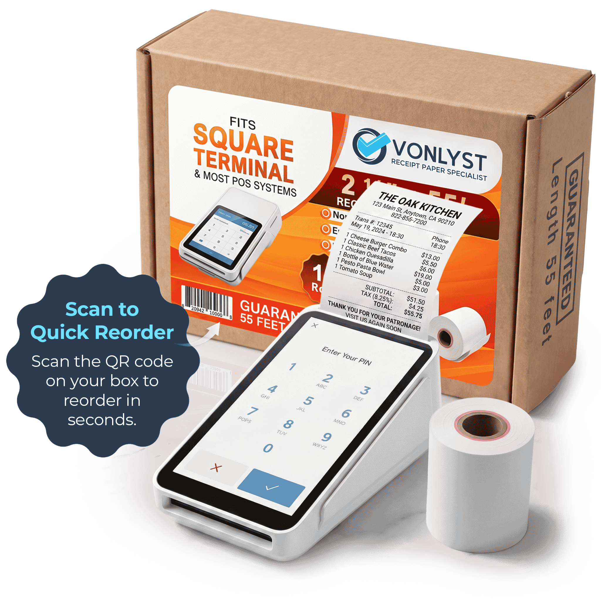 POS payment terminal printing a customer receipt, shown with a Vonlyst thermal paper roll