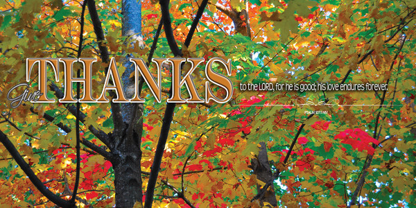 Thanksgiving church service banners promote worship, gratitude, and community gatherings, typically featuring warm autumn colors, harvest imagery, and uplifting Bible verses. Popular designs include phrases like "Give Thanks" designed to create a welcoming atmosphere for parishioners, available in vinyl or fabric options.

And if you want something uniquely yours, contact us! Our design professionals will create a special design with your information - all at no extra charge!