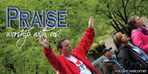 Church Banner featuring Young Adults Praising God with Inspirational Message