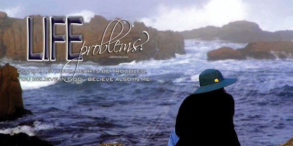 Church Banner featuring Woman Sitting on Rocks/Ocean with Encouragement Message