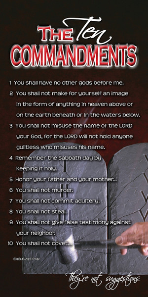 Banners featuring the 10 Commandments are available in various styles, color, and materials, often designed for churches and classrooms. Options range from traditional stone tablet designs to colorful, educational banners for children and embroidered, embellished styles for sanctuaries.

And if you want something uniquely yours, contact us! Our design professionals will create a special design with your information - all at no extra charge!