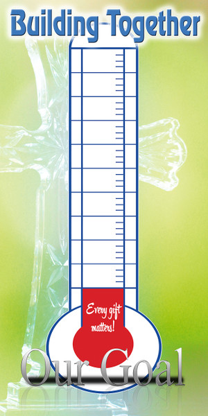 Church fundraising thermometer banners are customizable visual aids used to track donation progress for special campaigns like building projects, ministries, and special missions. Typically made of durable, waterproof 13oz vinyl, these banners display a graphic thermometer and a self-adhesive sticker allowing churches to fill in progress towards a financial goal.

And if you want something uniquely yours, contact us! Our design professionals will create a special design with your information - all at no extra charge!