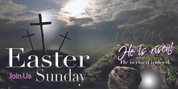 Easter banners promoting church services serve as visual invitations and thematic decorations, featuring uplifting messages like "He is Risen" alongside symbols like crosses and lilies. They are crucial for creating a welcoming atmosphere, providing service times on outdoor vinyl, and encouraging community participation in special Easter events.

And if you want something uniquely yours, contact us! Our design professionals will create a special design with your information - all at no extra charge!
