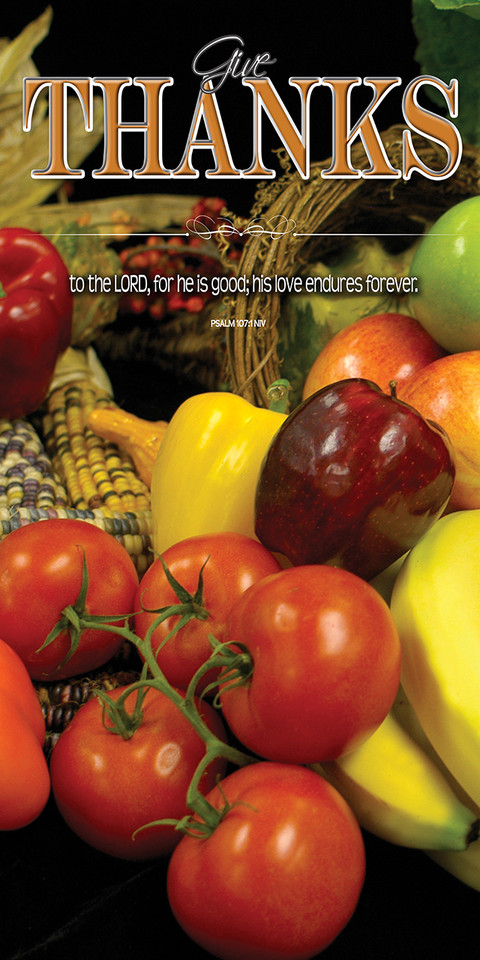 Thanksgiving church service banners promote worship, gratitude, and community gatherings, typically featuring warm autumn colors, harvest imagery, and uplifting Bible verses. Popular designs include phrases like "Give Thanks" designed to create a welcoming atmosphere for parishioners, available in vinyl or fabric options.

And if you want something uniquely yours, contact us! Our design professionals will create a special design with your information - all at no extra charge!