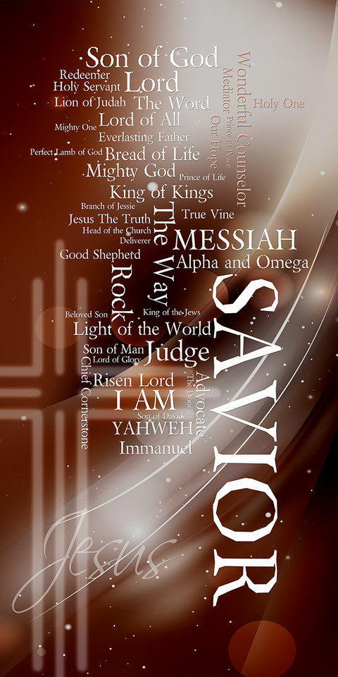 The names of Jesus series includes church banners that serve as visual focal points for worship. This series utilizes word clouds for the many names and titles of Jesus. These banners feature bold lettering and vibrant imagery, transforming the worship space and reinforcing sermon series on the divine names of Jesus, such as "Light of the World," "Good Shepherd," and "King of Kings".

And if you want something uniquely yours, contact us! Our design professionals will create a special design with your information - all at no extra charge!