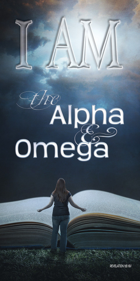 Church Banner featuring Open Bible with I Am the Alpha and Omega Theme
