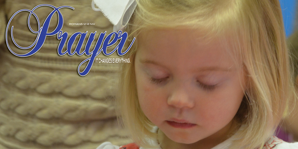 Church Banner featuring Young Child Praying with Inspirational Theme