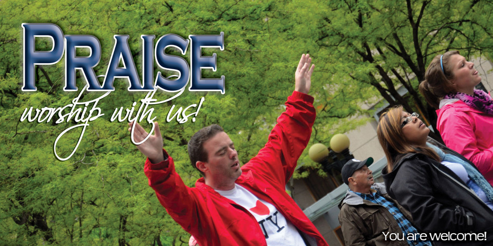 Church Banner featuring Young Adults Praising God with Inspirational Message