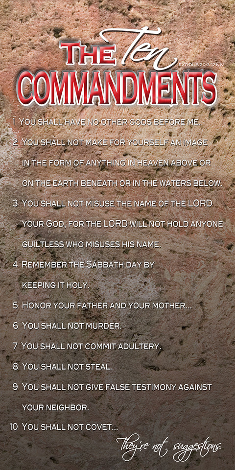 Banners featuring the 10 Commandments are available in various styles, color, and materials, often designed for churches and classrooms. Options range from traditional stone tablet designs to colorful, educational banners for children and embroidered, embellished styles for sanctuaries.

And if you want something uniquely yours, contact us! Our design professionals will create a special design with your information - all at no extra charge!