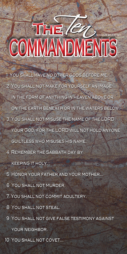 Banners featuring the 10 Commandments are available in various styles, color, and materials, often designed for churches and classrooms. Options range from traditional stone tablet designs to colorful, educational banners for children and embroidered, embellished styles for sanctuaries.

And if you want something uniquely yours, contact us! Our design professionals will create a special design with your information - all at no extra charge!