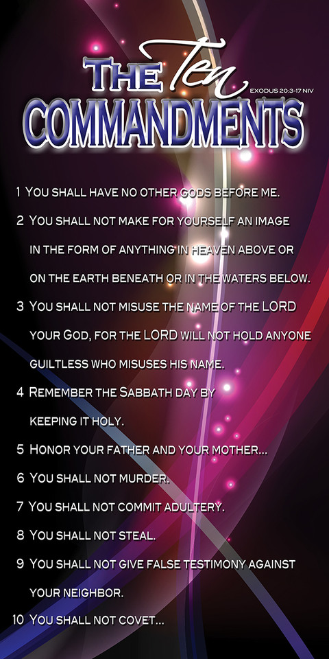 Banners featuring the 10 Commandments are available in various styles, color, and materials, often designed for churches and classrooms. Options range from traditional stone tablet designs to colorful, educational banners for children and embroidered, embellished styles for sanctuaries.

And if you want something uniquely yours, contact us! Our design professionals will create a special design with your information - all at no extra charge!