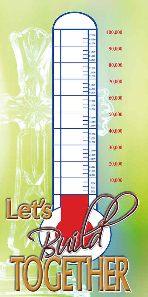 Church fundraising thermometer banners are customizable visual aids used to track donation progress for special campaigns like building projects, ministries, and special missions. Typically made of durable, waterproof 13oz vinyl, these banners display a graphic thermometer and a self-adhesive sticker allowing churches to fill in progress towards a financial goal.

And if you want something uniquely yours, contact us! Our design professionals will create a special design with your information - all at no extra charge!