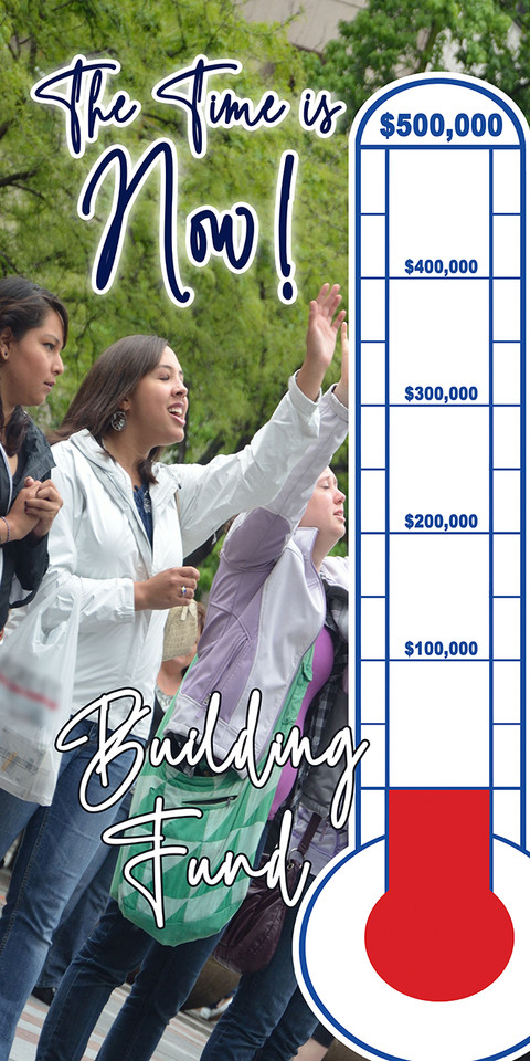 Church fundraising thermometer banners are customizable visual aids used to track donation progress for special campaigns like building projects, ministries, and special missions. Typically made of durable, waterproof 13oz vinyl, these banners display a graphic thermometer and a self-adhesive sticker allowing churches to fill in progress towards a financial goal.

And if you want something uniquely yours, contact us! Our design professionals will create a special design with your information - all at no extra charge!
