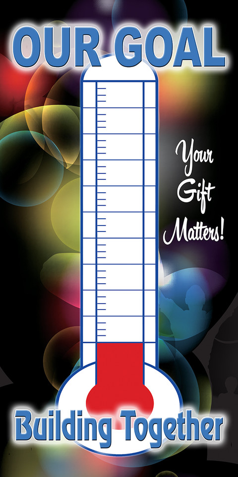 Church fundraising thermometer banners are customizable visual aids used to track donation progress for special campaigns like building projects, ministries, and special missions. Typically made of durable, waterproof 13oz vinyl, these banners display a graphic thermometer and a self-adhesive sticker allowing churches to fill in progress towards a financial goal.

And if you want something uniquely yours, contact us! Our design professionals will create a special design with your information - all at no extra charge!