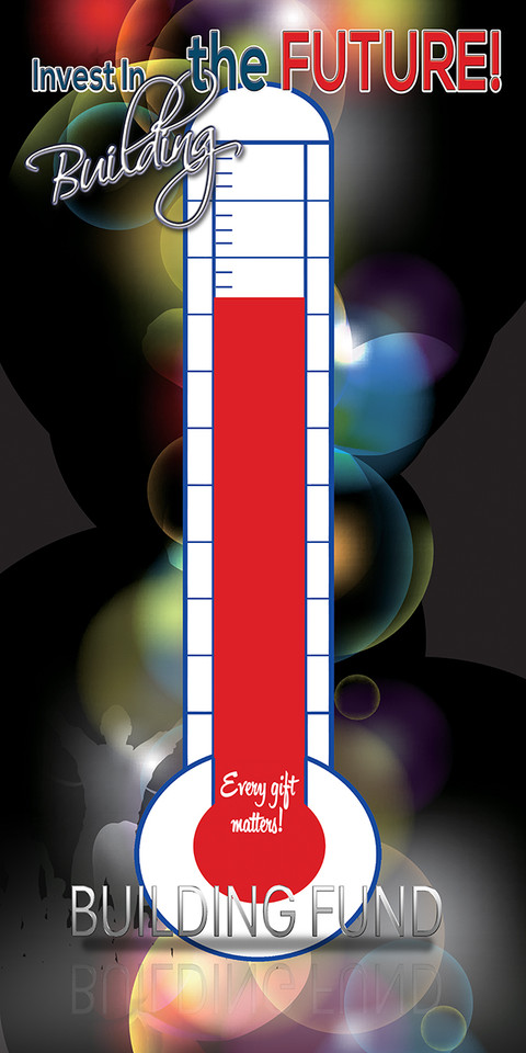 Church fundraising thermometer banners are customizable visual aids used to track donation progress for special campaigns like building projects, ministries, and special missions. Typically made of durable, waterproof 13oz vinyl, these banners display a graphic thermometer and a self-adhesive sticker allowing churches to fill in progress towards a financial goal.

And if you want something uniquely yours, contact us! Our design professionals will create a special design with your information - all at no extra charge!