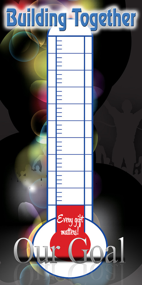 Church fundraising thermometer banners are customizable visual aids used to track donation progress for special campaigns like building projects, ministries, and special missions. Typically made of durable, waterproof 13oz vinyl, these banners display a graphic thermometer and a self-adhesive sticker allowing churches to fill in progress towards a financial goal.

And if you want something uniquely yours, contact us! Our design professionals will create a special design with your information - all at no extra charge!